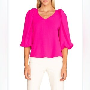 Trina Turk | Danise satin blouse Hot Pink Women’s size XS blouson sleeve v-neck